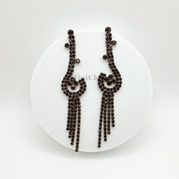 Elegant Black Rhinestone Cluster Long Dangle Tassel Earrings - Picture 3 of 8